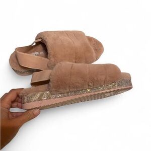 BAMBOO Plush Tan Fur Slippers with Rhinestone Trim